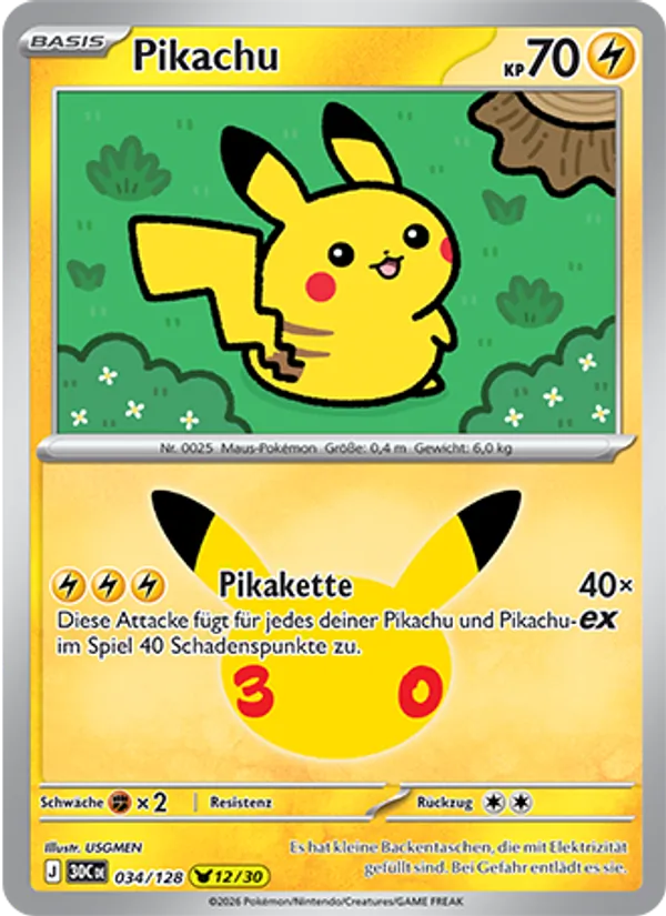 Karte Pikachu aus 30 Jahre, Nummer 034/128