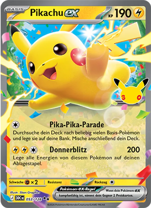 Karte Pikachu-ex aus 30 Jahre, Nummer 053/128