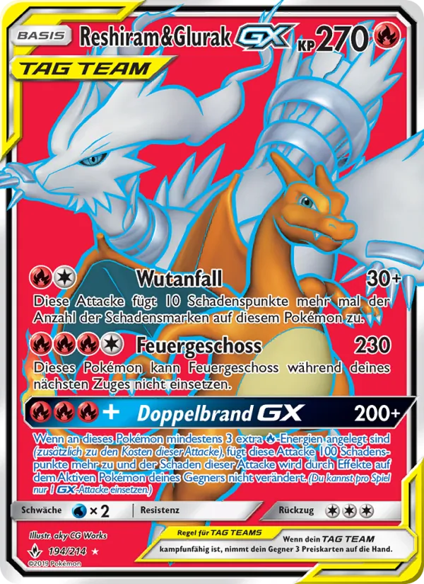 Karte Reshiram & Glurak GX aus Kräfte im Einklang, Nummer 194/214