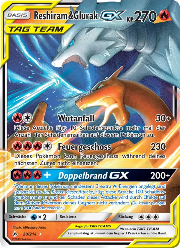 Karte Reshiram & Glurak GX aus Kräfte im Einklang, Nummer 20/214