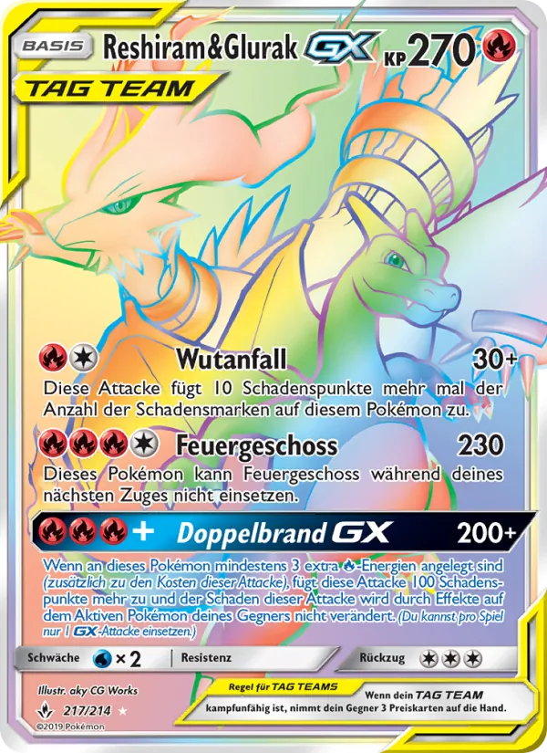 Karte Reshiram & Glurak GX aus Kräfte im Einklang, Nummer 217/214