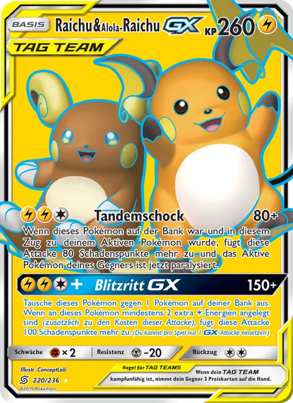 Karte Raichu & Alola-Raichu GX aus Bund der Gleichgesinnten, Nummer 220/236
