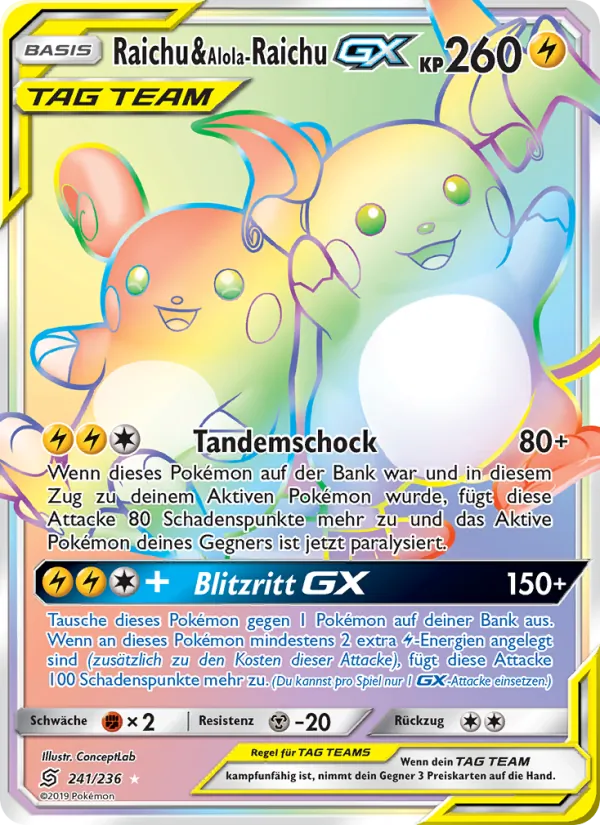 Karte Raichu & Alola-Raichu GX aus Bund der Gleichgesinnten, Nummer 241/236