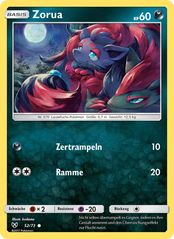 Kaart Zorua uit Shining Legends, nummer 52/73