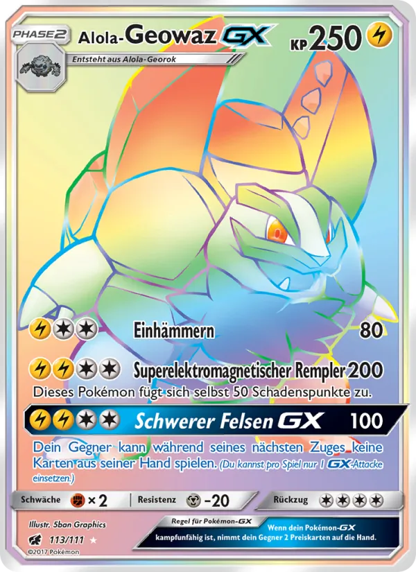 Karte Alola-Geowaz GX aus Aufziehen der Sturmröte, Nummer 113/111