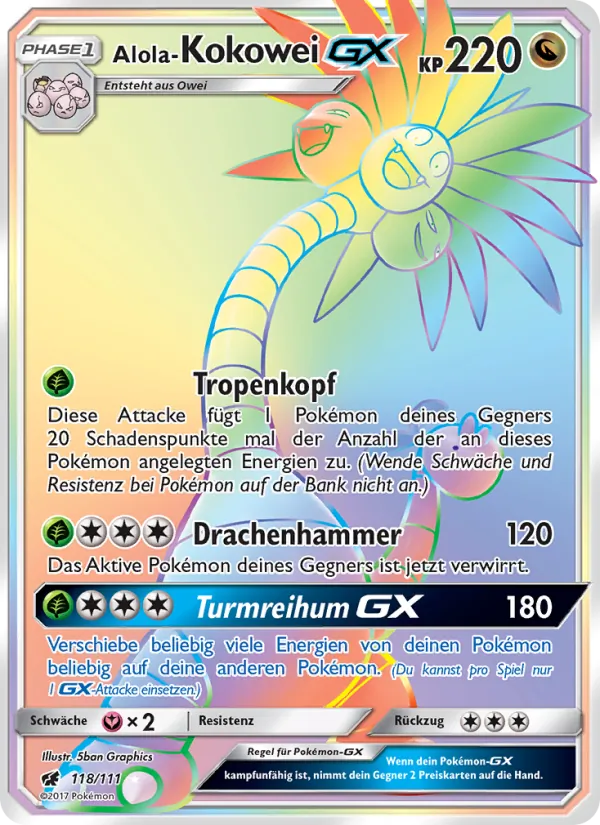 Karte Alola-Kokowei GX aus Aufziehen der Sturmröte, Nummer 118/111