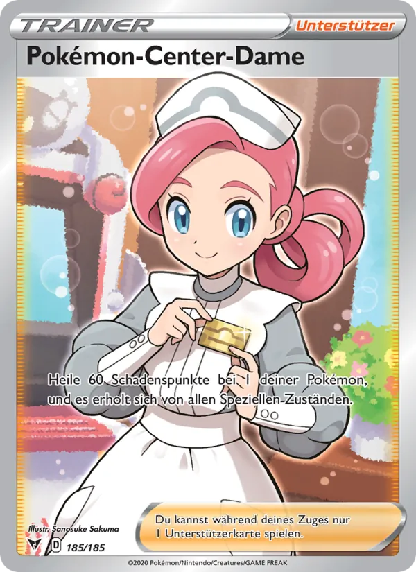 Karte Pokémon-Center-Dame aus Farbenschock, Nummer 185/185