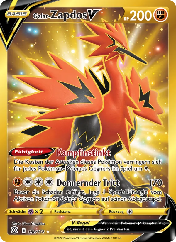 Karte Galar-Zapdos V aus Strahlende Sterne, Nummer 182/172