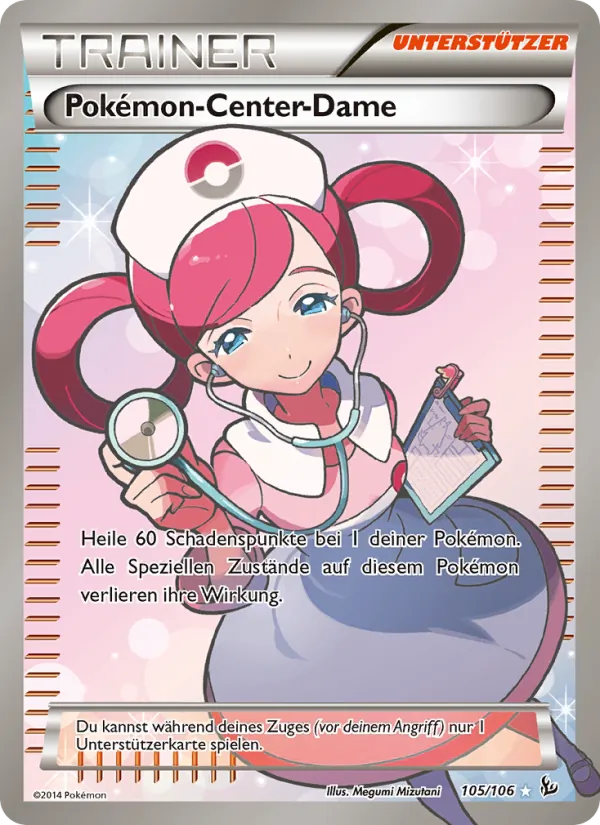 Karte Pokémon-Center-Dame aus Flammenmeer, Nummer 105/106