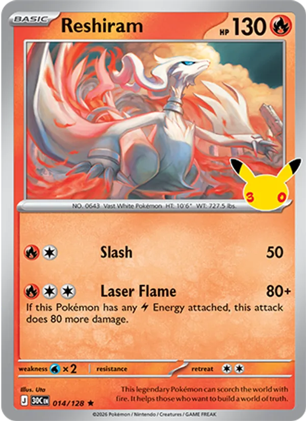 Reshiram card from 30th Celebration, number 014/128