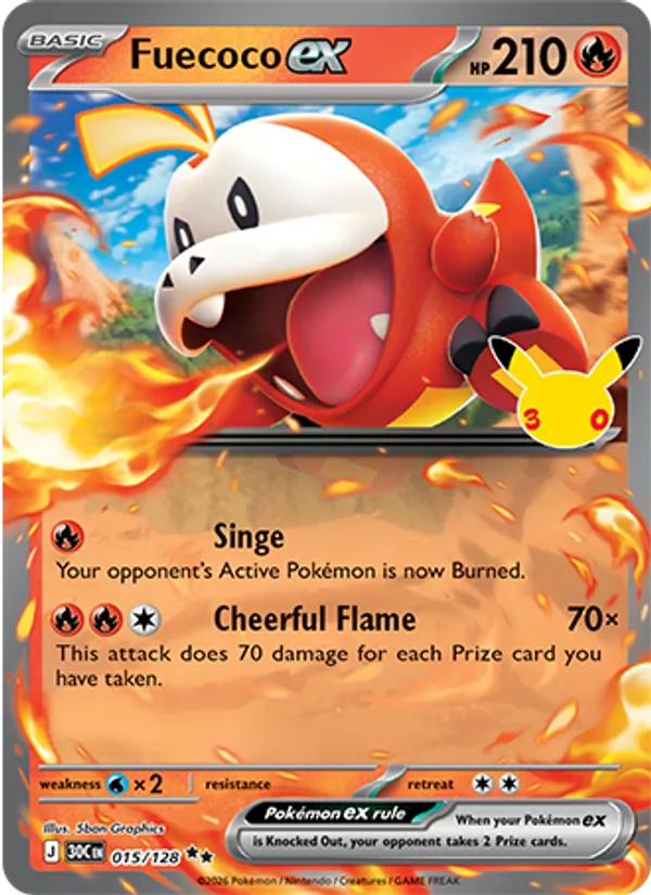 Fuecoco ex card from 30th Celebration, number 015/128