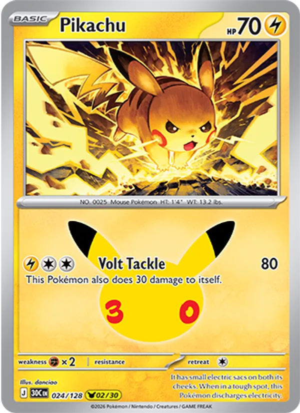 Pikachu card from 30th Celebration, number 024/128