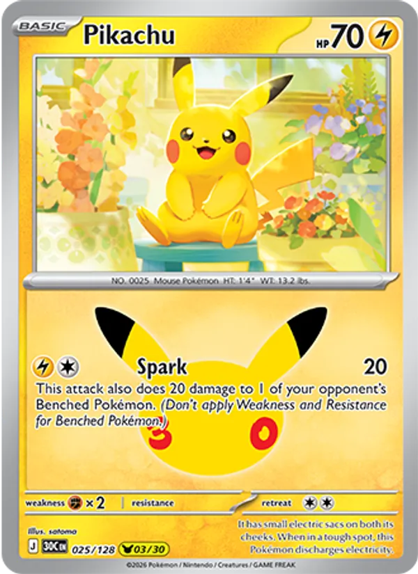 Pikachu card from 30th Celebration, number 025/128