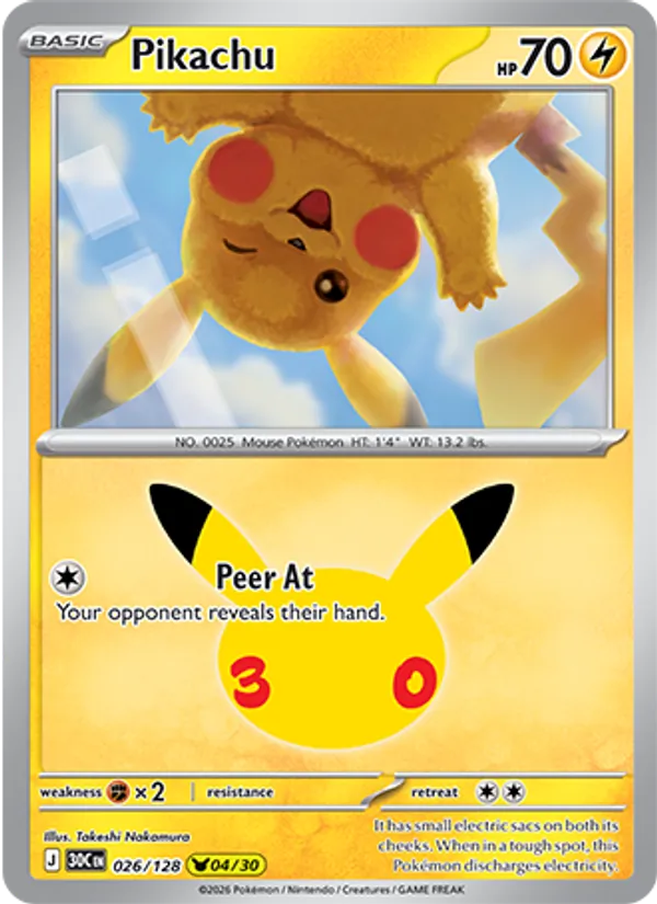 Pikachu card from 30th Celebration, number 026/128