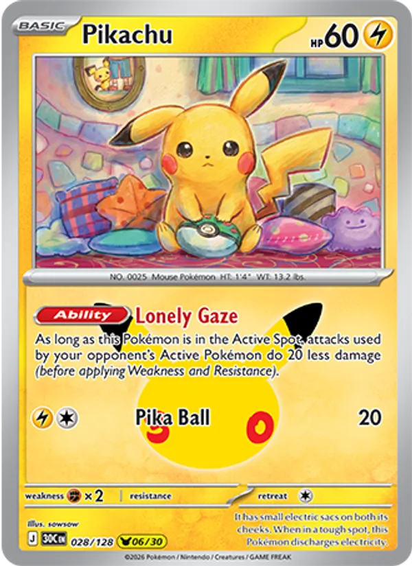 Pikachu card from 30th Celebration, number 028/128