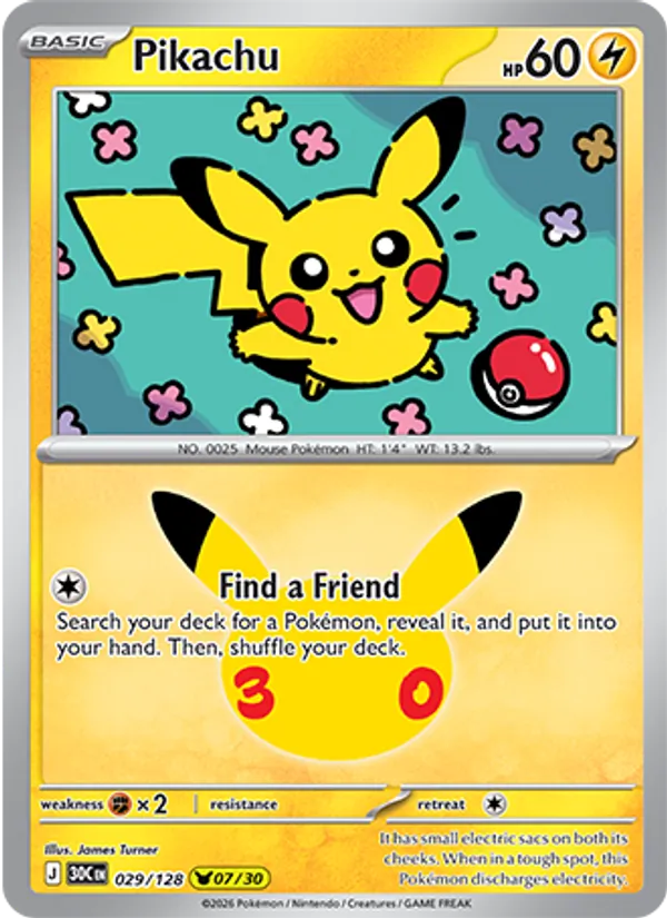 Pikachu card from 30th Celebration, number 029/128
