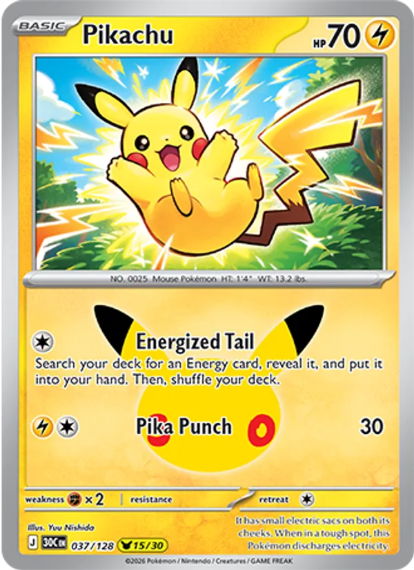 Pikachu card from 30th Celebration, number 037/128