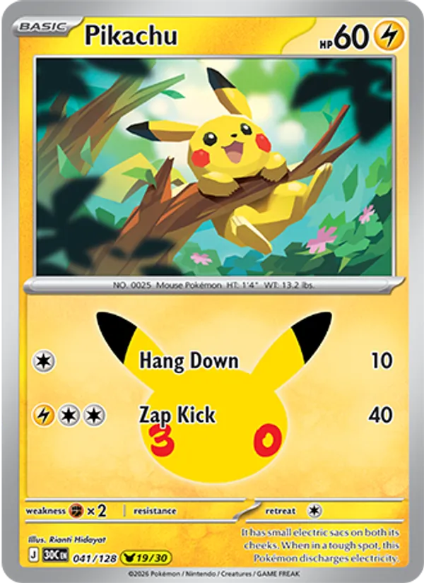 Pikachu card from 30th Celebration, number 041/128