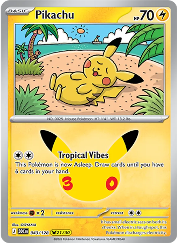 Pikachu card from 30th Celebration, number 043/128