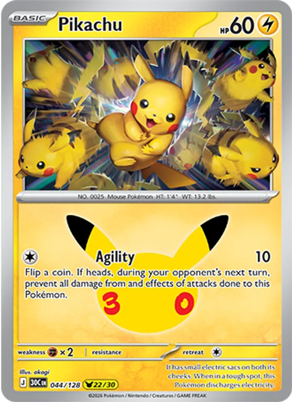 Pikachu card from 30th Celebration, number 044/128