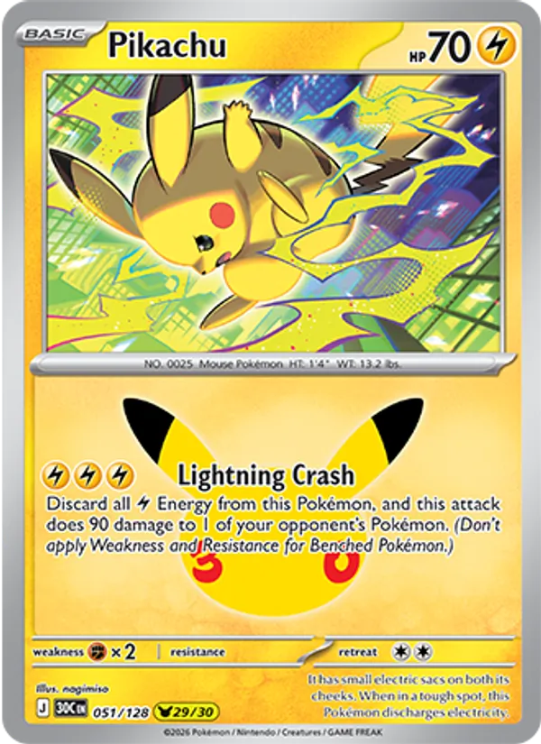 Pikachu card from 30th Celebration, number 051/128
