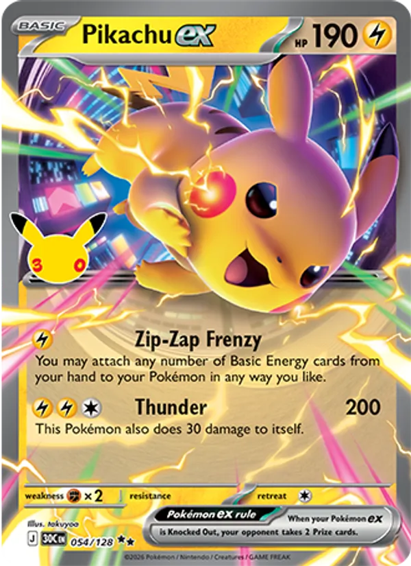 Pikachu ex card from 30th Celebration, number 054/128