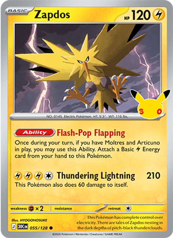 Zapdos card from 30th Celebration, number 055/128
