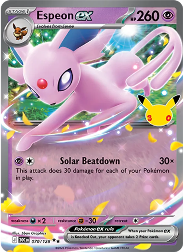 Espeon ex card from 30th Celebration, number 070/128