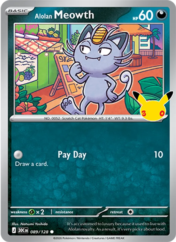 Alolan Meowth card from 30th Celebration, number 089/128