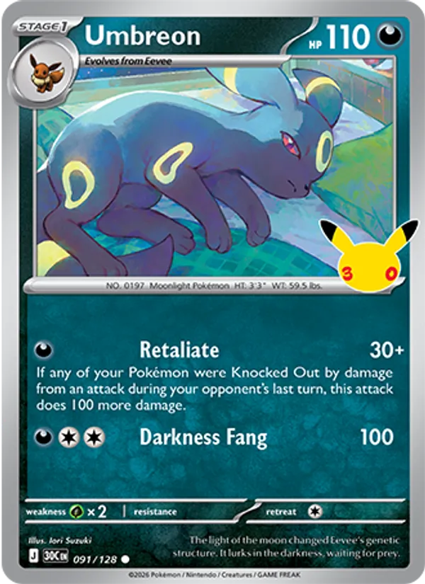 Umbreon card from 30th Celebration, number 091/128