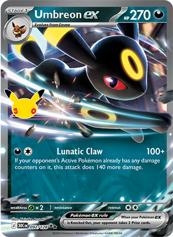 Umbreon ex card from 30th Celebration, number 092/128