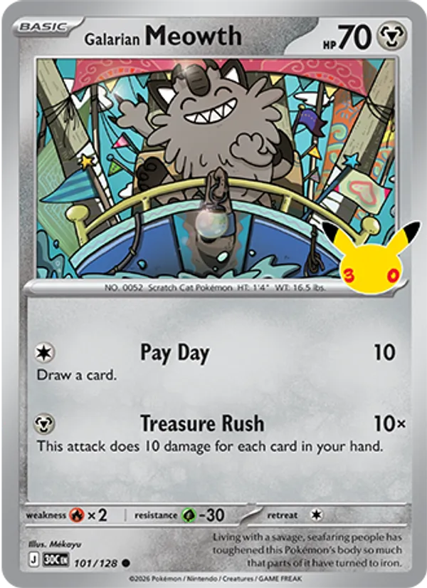 Galarian Meowth card from 30th Celebration, number 101/128