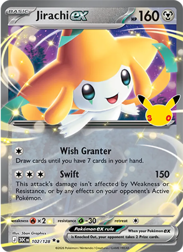Jirachi ex card from 30th Celebration, number 102/128