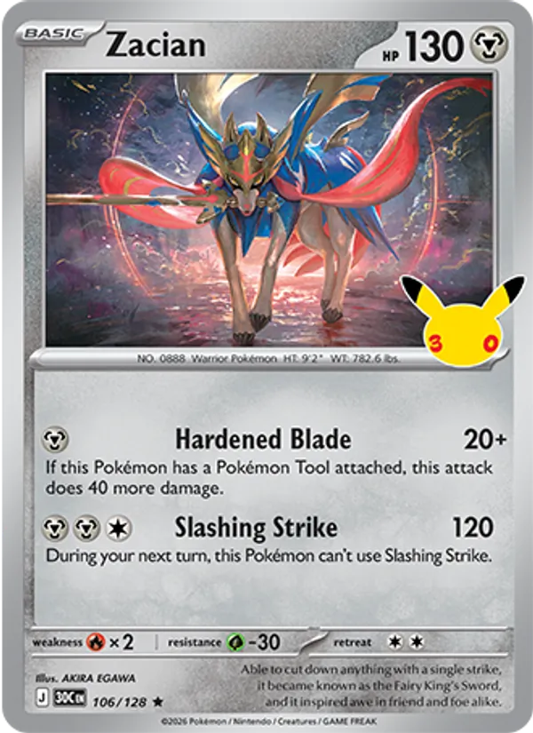 Zacian card from 30th Celebration, number 106/128