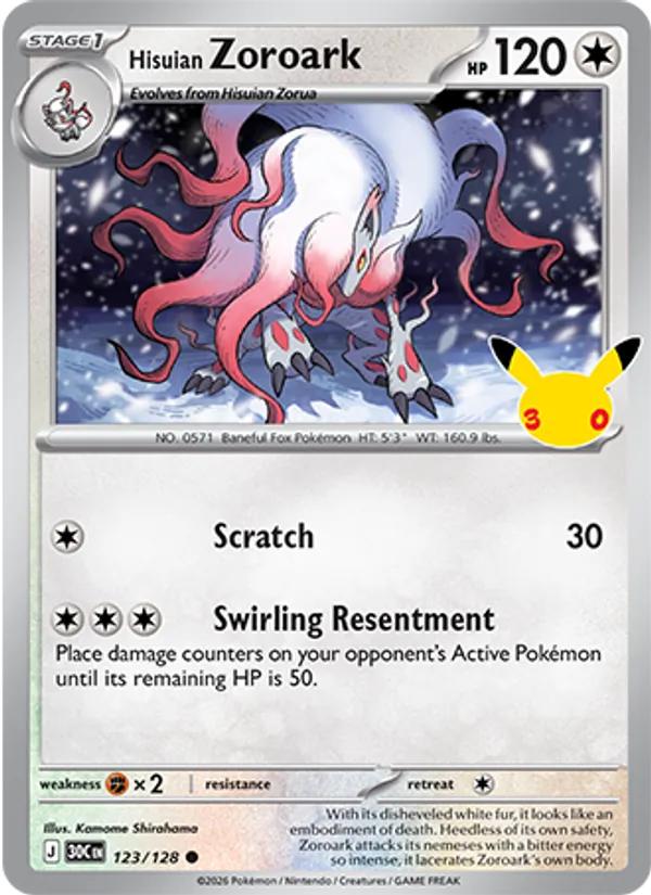 Hisuian Zoroark card from 30th Celebration, number 123/128