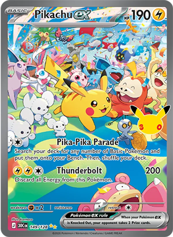 Pikachu ex card from 30th Celebration, number 149/128