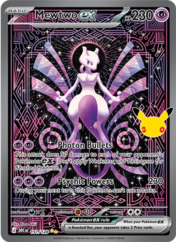 Mewtwo ex card from 30th Celebration, number 151/128