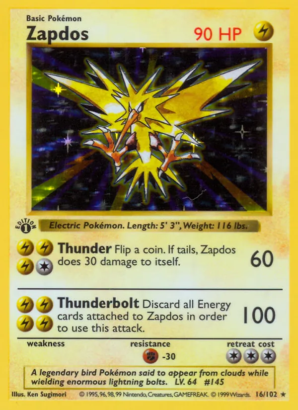 Zapdos card from Base Set, number 16/102