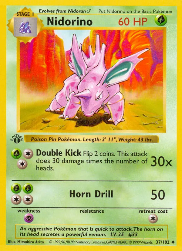 Nidorino card from Base Set, number 37/102