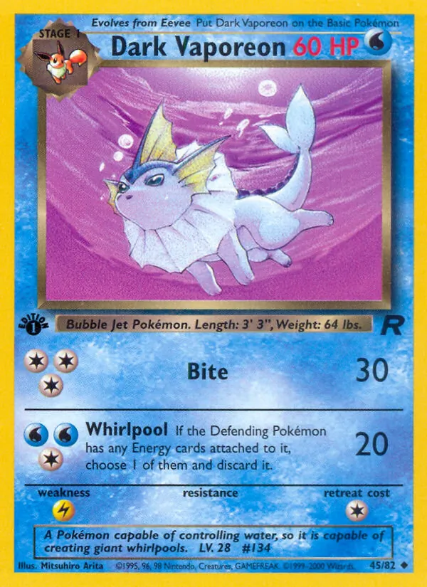Dark Vaporeon card from Team Rocket, number 45/82
