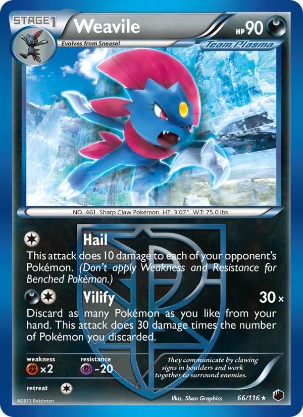 Weavile card from Plasma Freeze, number 66/116