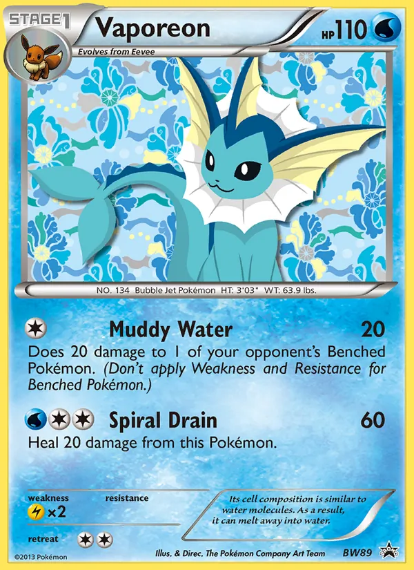 Kartu Vaporeon dari BW Black Star Promos, nomor BW89/101