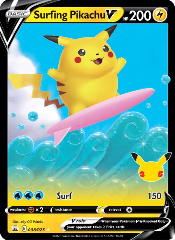 Kartu Surfing Pikachu V dari Celebrations, nomor 8/25