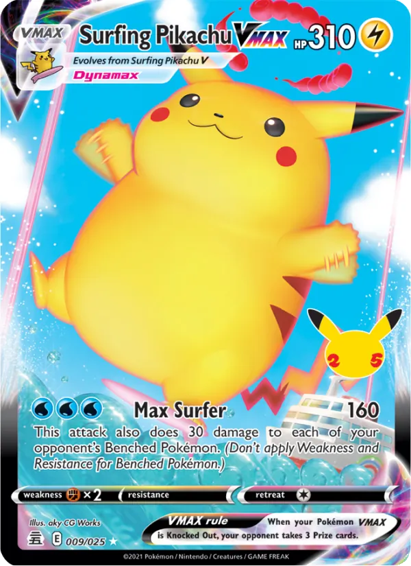 Surfing Pikachu VMAX card from Celebrations, number 9/25