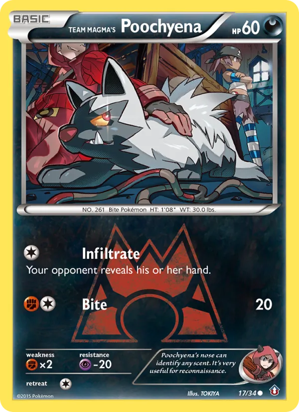 Kaart Team Magma's Poochyena uit Double Crisis, nummer 17/34
