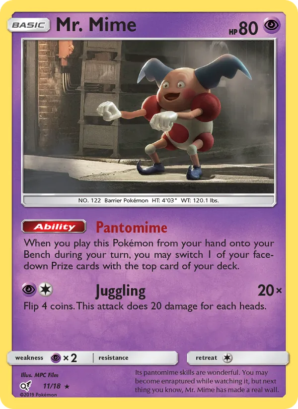 Kaart Mr. Mime uit Detective Pikachu, nummer 11/18