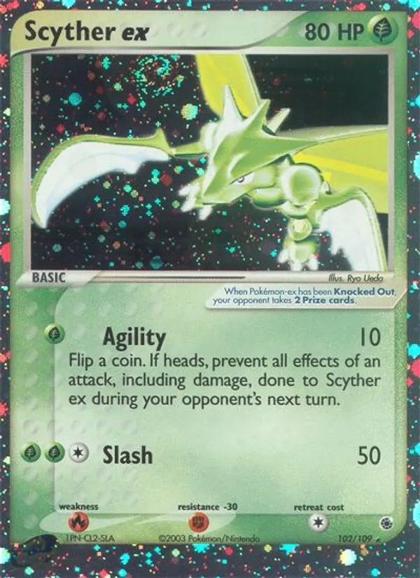Scyther ex card from Ruby & Sapphire, number 102/109