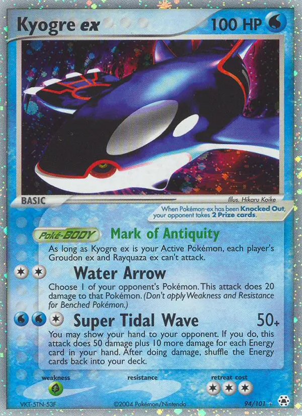 Kyogre ex card from Hidden Legends, number 94/101