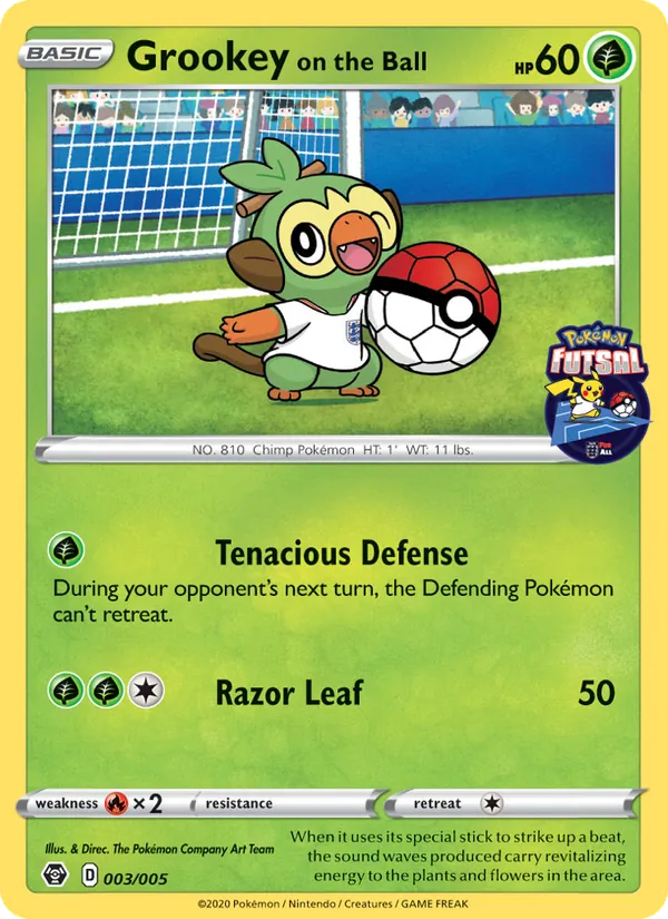 Grookey on the Ball card from Pokémon Futsal 2020, number 3/5