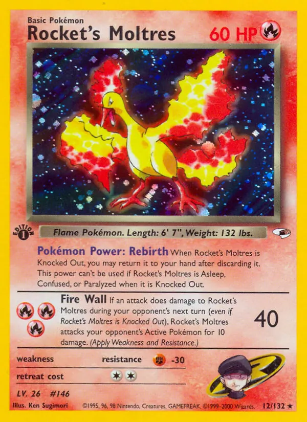 Rocket's Moltres card from Gym Heroes, number 12/132